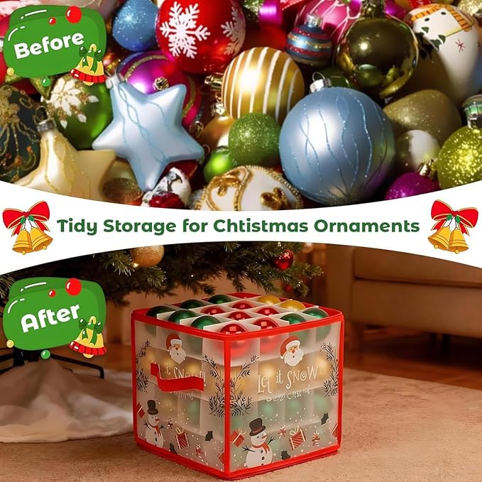 Ornament Boxes - Zippered Organizer Bins with Dividers, Christmas Storage Box with Lid and Handle, Sturdy Fabric Material, Premium Holiday Storage Accessory, Perfect for Home Basement Garage Closet