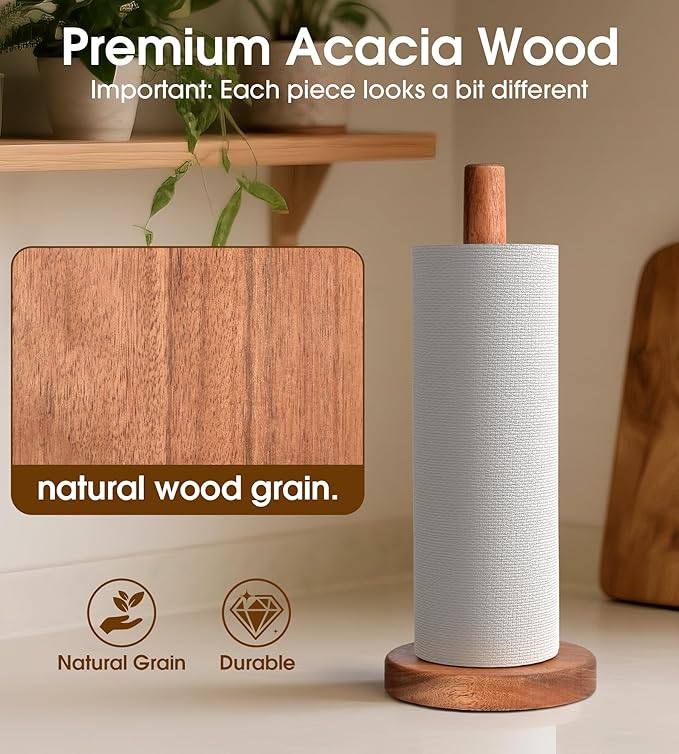 Acacia Wood Paper Towel Holder Stand – Wooden Kitchen Paper Towel Holder Countertop, PTHA, Freestanding Roll Holder for Kitchen & Bathroom & Farmhouse, Standard