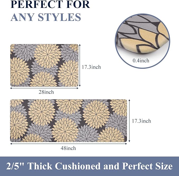 HEBE Anti Fatigue Kitchen Rugs Sets of 2, Non Slip Kitchen Mats for Floor, Waterproof Cushioned Comfort Standing Carpet for Kitchen Sink, Home Office, Laundry Room