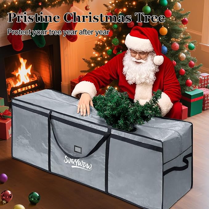 Extra Large Christmas Tree Storage Bag 12 ft, Heavy Duty with Built-in Zip Mesh Pockets & Reinforced Handles - Dual Zippers Wide Opening PE Storage Bag for Artificial Xmas Trees (Grey)