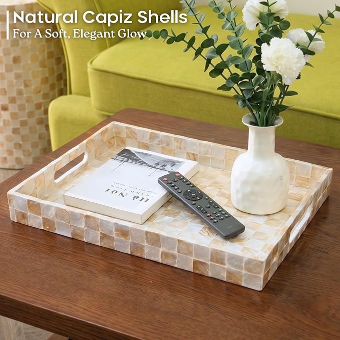 CHI AN HOME Decorative Checkered Tray with Handles, Handmade Tray with Natural Capiz Shells, Serving Tray for Ottoman, Coffee Table, Kitchen Counter Home Decor (Ivory, 15.8" x 11")