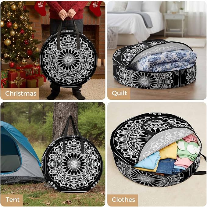 Storage Bag Black Boho Floral Pattern Round Storage Totes Bins Closet Organizers with Zippers & Handle Ethnic Bohemian Lines Clothes Storage Container for Bedroom Dorm Space Saving Packing Supplies
