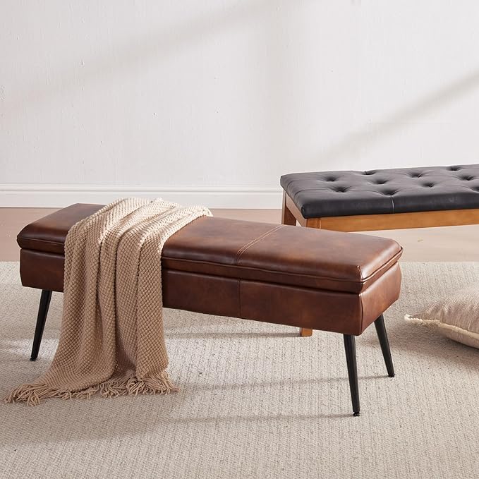 Ottoman with Storage Bench, End of Bed Bench with Flipping Lid, Mid-Century Modern & Faux Leather with Stitching, Loads 660 lb, for Living Room, Bedroom, Entryway, Retro Brown