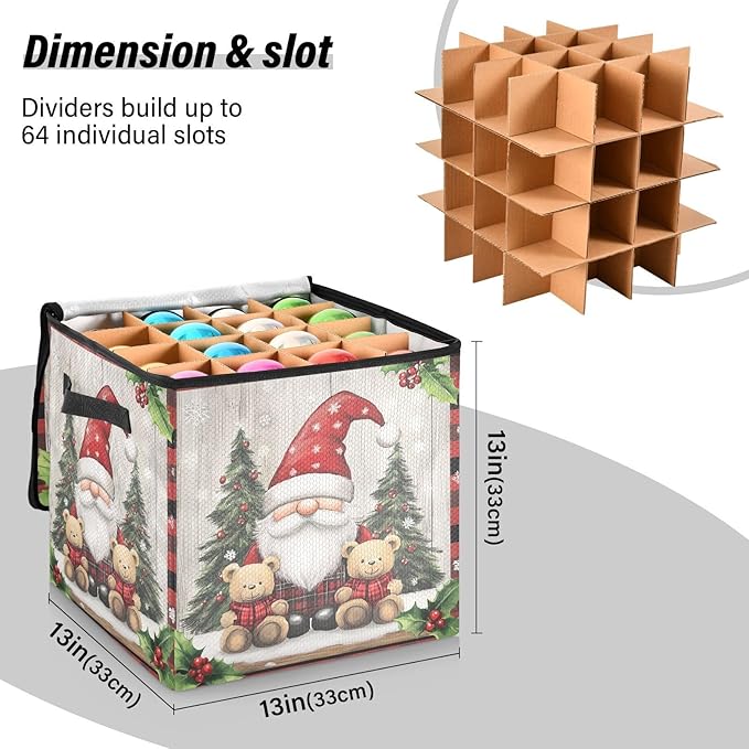 Gnomes Christmas Ornament Storage Basket Box Let it Snow Winter Xmas Holiday Storage Container Cube with Adjustable Dividers for 64 Holiday Ornaments or Decorations Keeps Clean and Dry for Next Season