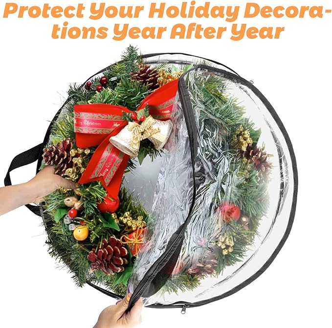4 PCS Wreath Storage Container - 30x8 Inch Christmas Wreath Storage Bags With Zipper - Clear PVC Wreath Protector for Holiday Garland, Seasonal Decor Organization