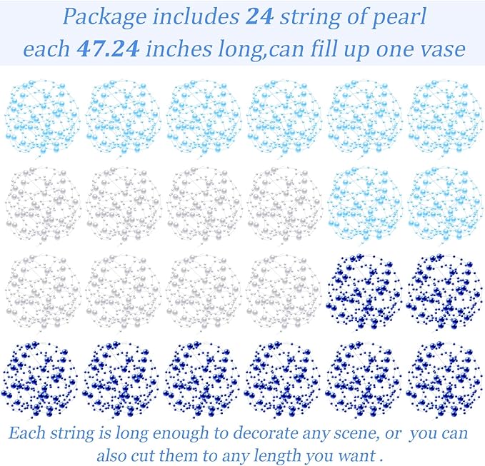 Tondiamo 24 Pcs Artificial Pearl String for Floating Candle Faux Pearls Beads String Garland Centerpiece Decoration for Vases Filler Wedding Spring Holiday Party Decor(Blue, Light Blue, White)