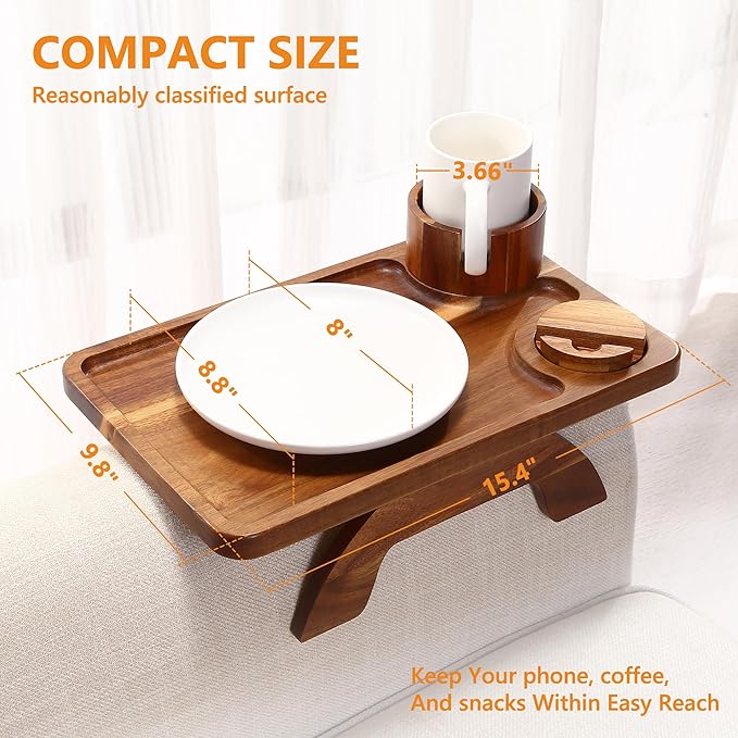 Couch Armrest Table Acacia with 360°Rotating Phone & Cup Holders,15.4" x 9.8", 3-in-1 Couch Arm Tray Clip-On Couch Tray for Drinks & Snacks