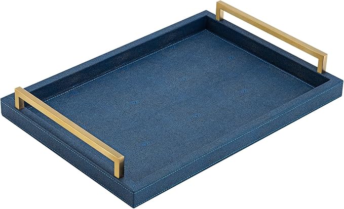 XIGEXIGE Navy Blue Decorative Serving Tray, Shagreen Leather Coffee Table Tray, Rectangle for Home Decor