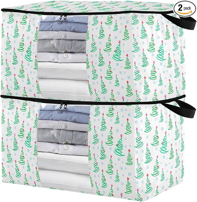 Burbuja Christmas Tree Clothes Storage Bag with Lids and Handle, 2 Pack Foldable Blanket Storage Container with Sturdy Zipper & Clear Window for Bedroom Closet, 60L