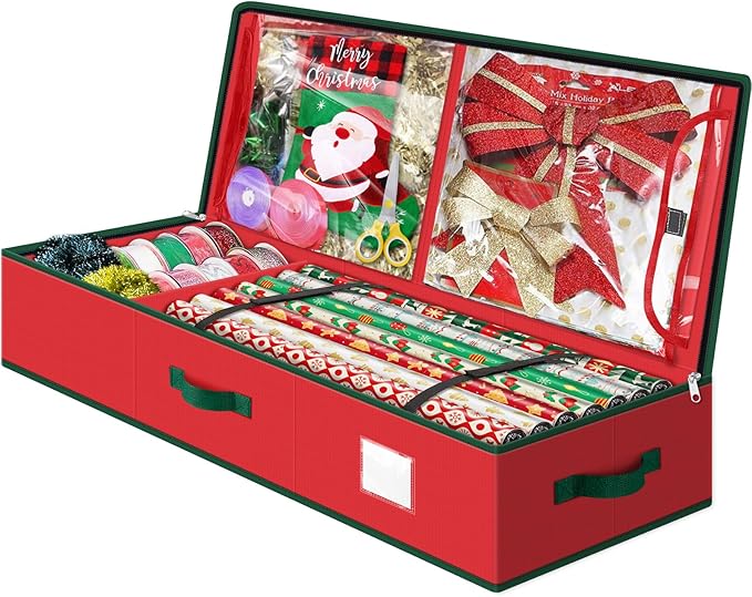 Fabspace Christmas Wrapping Paper Storage Containers, 40 Inch Gift Wrap Organizer, Visible Supplies Pockets for Xmas Accessories, Underbed Storage for Christmas Decorations, Red