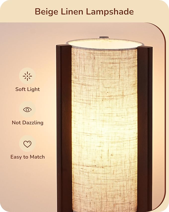 EDISHINE 13.5" Small Table Lamps, Walnut Wood Cylinder Bedside Lamp for Bedroom, Beige Linen Shade, Corner Modern Nightstand Lamp for Living Room, On-Off Switch, E26 Base (Bulb Not Included), 2Pack