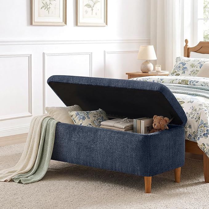 39.4”Ottoman with Storage,Upholstered Comfy Storage Bench Ottoman with Wooden Legs,End of Bed Bench Footstool for Hallway Entryway Bedroom Living Room Blue