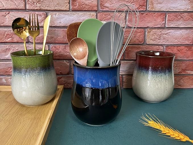 Short Kitchen Utensil Holder for Kitchen Counter, Ceramic Small Utensil Crock & Vase & Holder for Cutlery Spatula Brush Silverware Cooking Utensil Holder (Sapphire)
