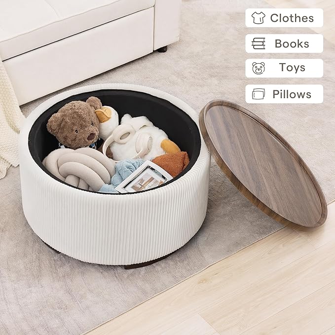 29.5 Inch Round Storage Ottoman Coffee Table,Modern Circle Coffee Table with Storage with Removable Lid Top and Solid Wood Legs,Large Round Ottoman for Bedroom,Living Room,Velvet,Beige