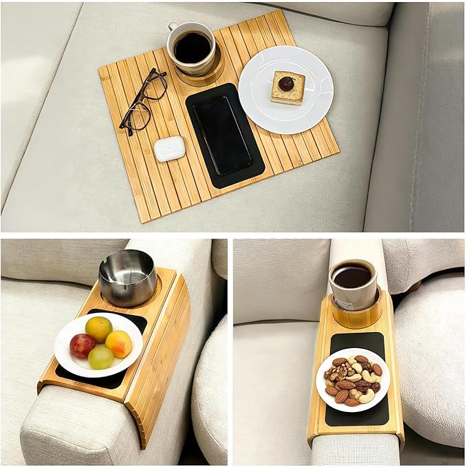Couch Armrest Table with Cup Holder - Bamboo Couch Cup Holder 3-in-1 Magnetic Detachable, Anti-Slip Foldable Sofa Arm Tray for Drink, Snack, Coffee, Mugs, Remote, Cellphone, Cup (Natural)