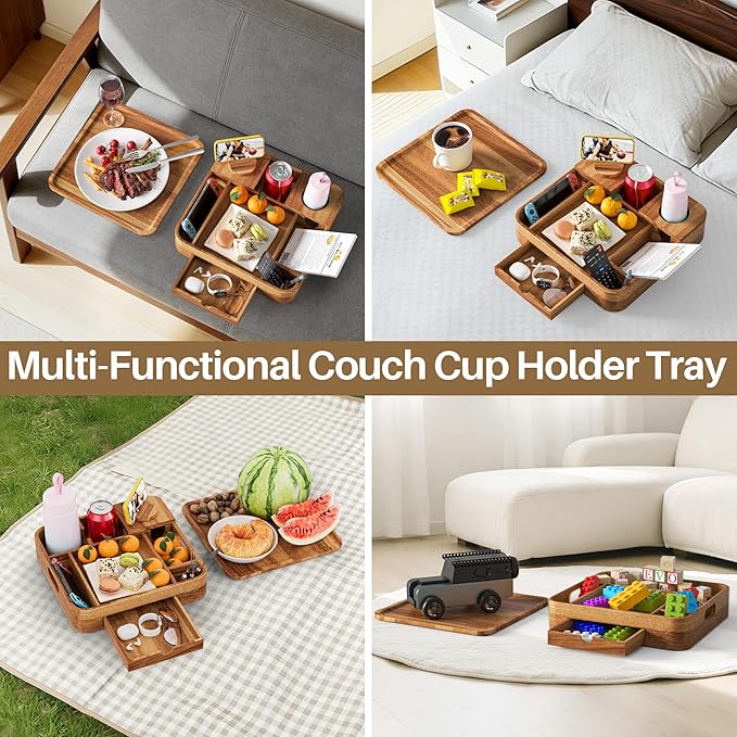 Couch Cup Holder, Couch Tray Cup Holder Sofa Tray, Acacia Wood Large Capacity 2-Tier Wooden Trays with Drawer for Sofa, Bed, Picnic, Drinks, Snacks, Remote, Cell Phone 12.5 * 12.5 in