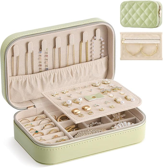 Lolalet Travel Jewelry Case for Women Girls, PU Leather Jewelry Organizer with Clear Storage Bag Small Portable Jewelry Box for Necklace Bracelet Earring Ring Mothers Day Birthday Gifts -Medium/Green