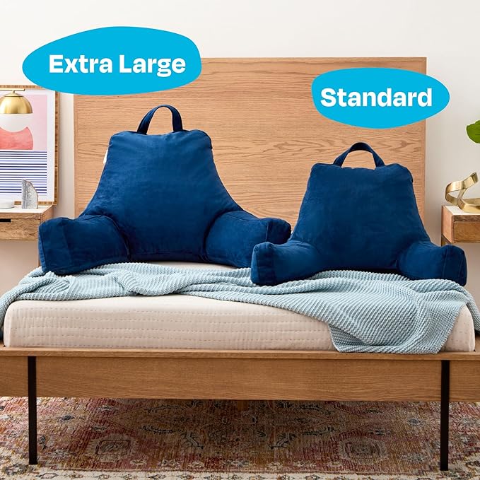 Linenspa Reading Pillow with Shredded Memory Foam- X-Large Size - Back Pillow for Sitting in Bed, Reading, Gaming, Watching TV – Bed Chair with Arms, Dorm Room Essentials, Navy
