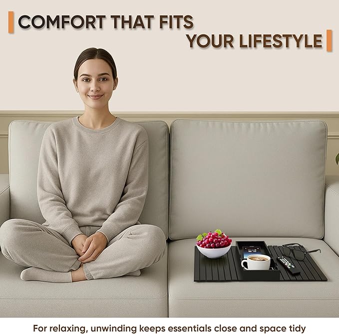 Bamboo Couch Cup Holder Tray, Sofa Arm Tray with Black Mat | Anti-Slip Foldable Sofa Armrest Table for Snacks, Drinks, Donuts, Phone & Remote - Lab Tray | Anti-Falling Couch Organizer
