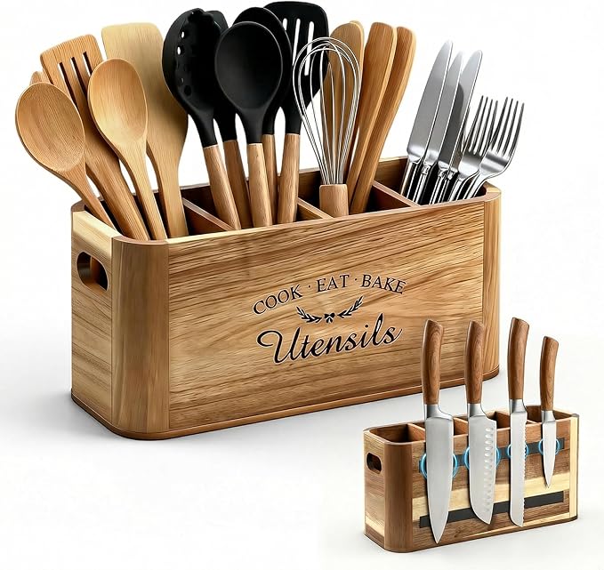 Wooden Kitchen Utensil Holder Organizer for Counter or Countertop, Acacia Utensil Holder with Magnetic Strip for Knife, Cooking and Silverware Storage(4 Compartment, Extra Large)