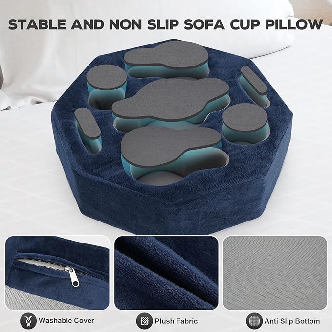 Couch Cup Holder Pillow,Couch Drink Holder,Octagon Couch Caddy for Coffee Cup,Phone,Remote,Couch Cup Holder Tray for Bed,Car,Sofa,Table
