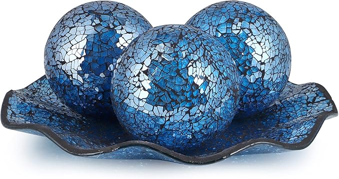 MDLUU Centerpiece Bowl and Balls Set, Mosaic Tray with 3 Pieces Spheres, 12" Decorative Plate with 4" Mosaic Orbs for Home Decor, Gift (Turquoise)