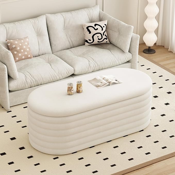 Storage Ottoman Bench 40 inch Upholstered Chenille Fabric Storage Bench for Bedroom End of Bed Stool Aesthetic Large Storag Ottoman for Living Room Entryway,White