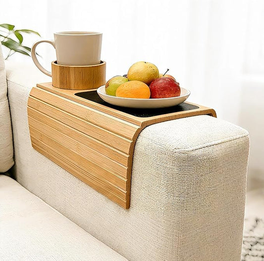 Couch Armrest Table with Cup Holder - Bamboo Couch Cup Holder 3-in-1 Magnetic Detachable, Anti-Slip Foldable Sofa Arm Tray for Drink, Snack, Coffee, Mugs, Remote, Cellphone, Cup (Natural)