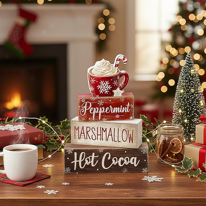 Moucuny 4 Pcs Christmas Table Decor Wooden Hot Cocoa Decoration Christmas Centerpiece Winter Tiered Tray Decor Decorative Red Hot Cocoa Block Signs Farmhouse Xmas Decoration for Home