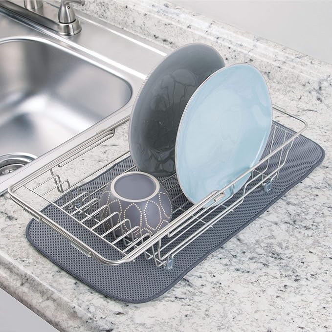 iDesign Classico Kitchen Over-the-Sink Dish Drainer Rack for Drying Glasses, Silverware, Bowls, Plates - Satin