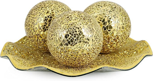 MDLUU Centerpiece Bowl and Balls Set, Mosaic Tray with 3 Pieces Spheres, 12" Decorative Plate with 4" Mosaic Orbs for Home Decor, Gift (Gold)