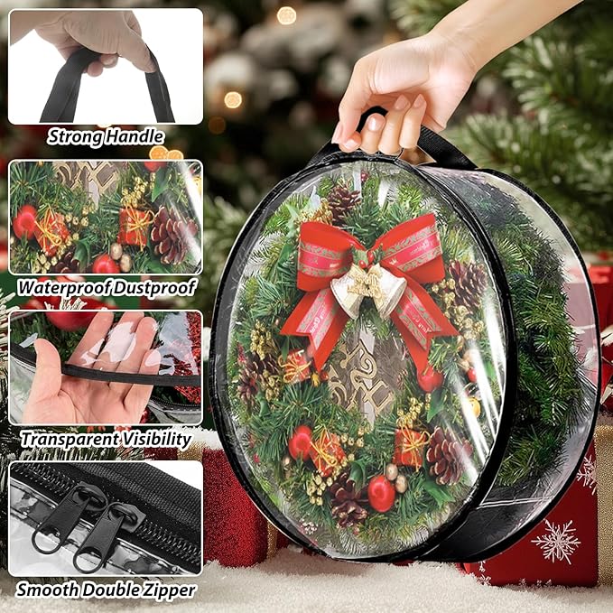 4 PCS Wreath Storage Container - 30x8 Inch Christmas Wreath Storage Bags With Zipper - Clear PVC Wreath Protector for Holiday Garland, Seasonal Decor Organization