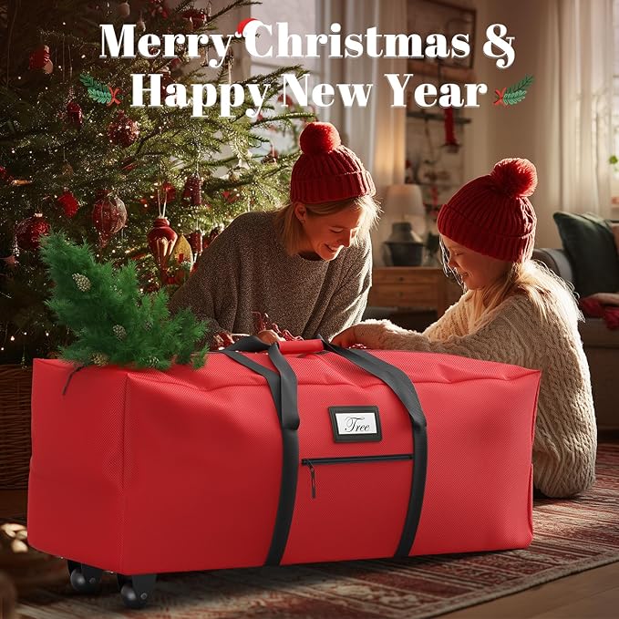 Christmas Tree Storage Bag with Rolling Wheels, Fits for 9ft Xmas Artificials, Large Xmas Storage Container with Reinforced Carry Handles and Fixed Buckle, 600D Oxford Cloth, Dual Zippers