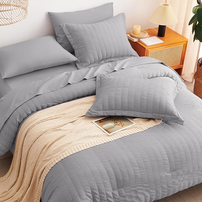 CozyLux Full Size Comforter Sets with Sheets 7 Pieces, Grey Seersucker Bed in a Bag Textured Luxury Soft Bedding Set with Down Alternative Comforter, Sheets, Pillowcases & Shams for All Season, Gray