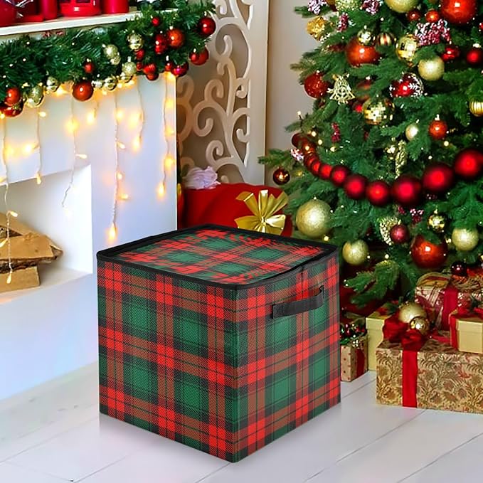 Red Green Christmas Ornament Storage Basket Box Buffalo Plaid Winter Holiday Storage Container Cube with Adjustable Dividers for 64 Holiday Ornaments or Decorations Keep Clean and Dry for Next Season