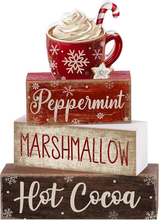 Moucuny 4 Pcs Christmas Table Decor Wooden Hot Cocoa Decoration Christmas Centerpiece Winter Tiered Tray Decor Decorative Red Hot Cocoa Block Signs Farmhouse Xmas Decoration for Home