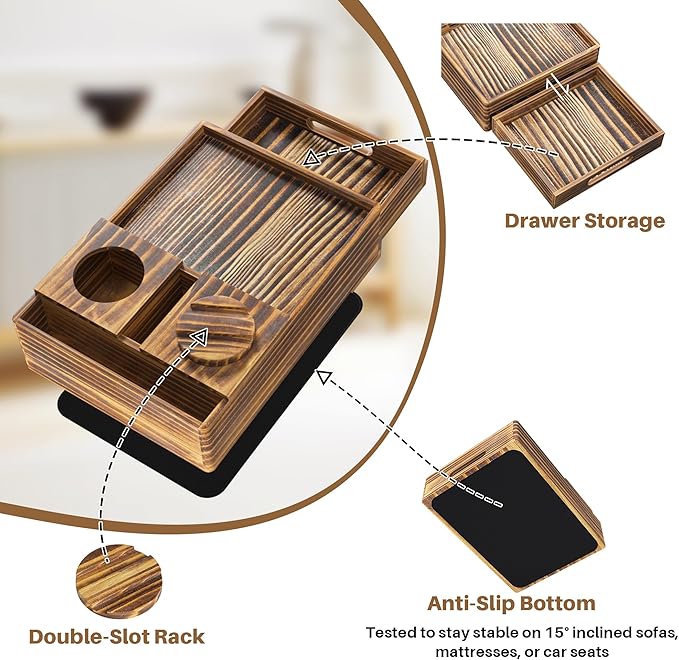 Vintage Wood Couch Cup Holder, 7-in-1 Couch Caddy Tray, Sofa Side Table with Push-Pull Drawer to Organize and Store Small Objects, 360°Swivel Phone Holder, for Drink, Cups, Snacks, Remote