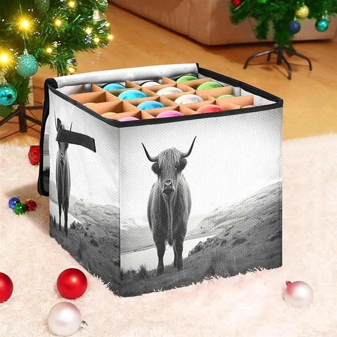 Kigai Highland Cow Christmas Ornament Storage Box with Zipper & Adjustable Dividers Holiday Ornament Organizer Xmas Storage Container, 64 Balls