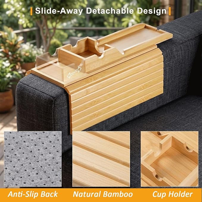 Bamboo Sofa Armrest Tray, 2-in-1 Bamboo Couch Arm Tray with Detachable Cup Holder, Foldable Non-Slip Sofa Armrest Table for Drinks, Phone, Remote & Snacks