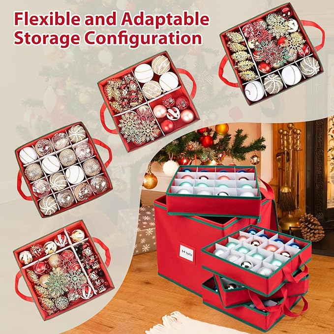 Christmas Ornament Storage Box with 4 Trays, Holiday Decor Storage Organizer for 64 Balls, Zippered Oxford Fabric Bin with Adjustable Dividers & Removable Compartments