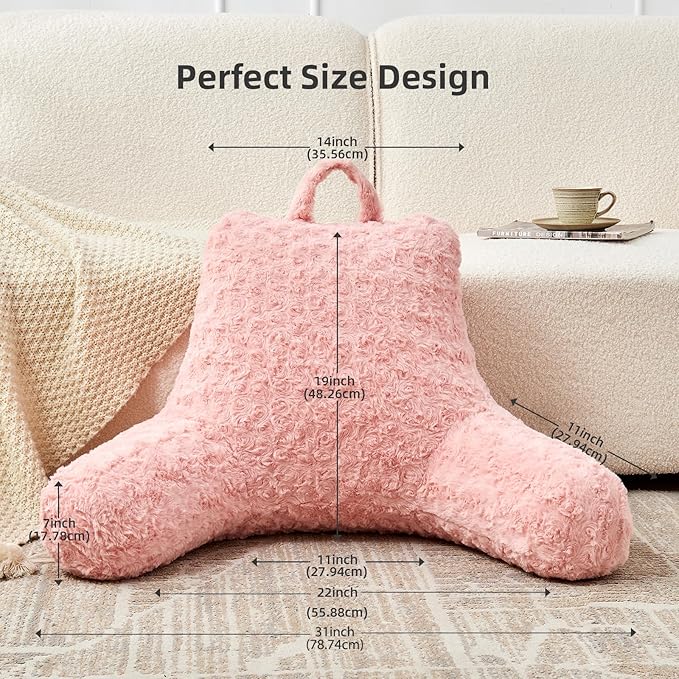 Reading Pillow, Rose Velvet Back Pillow with Arms for Bed Sitting Up, Bed Pillow for Adult Children, Backrest Pillows with Washable Cover, Chair Pillow for Watching TV/Gaming/Relaxing (Pink)