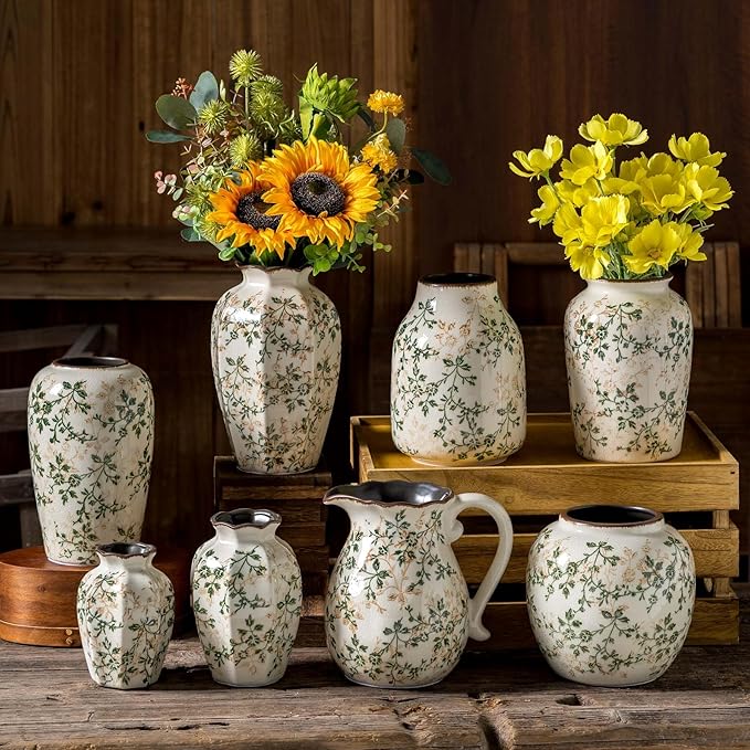 for Mom from Daughter or Son, Vintage Pastoral Green Ceramic Flower Vase 8.5”, Rustic Cottage Core Decor for Living Room, Bookshelf, Office, Mantel & Table Centerpiece