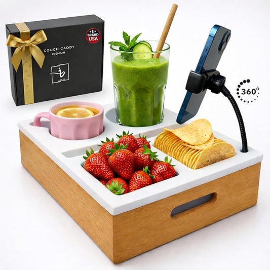 Couch Caddy with Cup Holder | Wood Couch Cup Holder Tray for Drinks, Snacks & Remotes | Couch Tray for Bed, Car Seat & Beach Organizer (White)