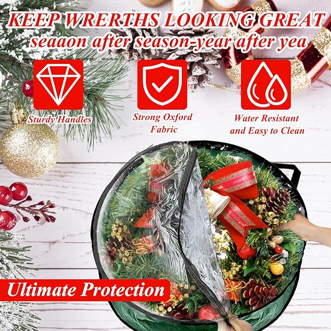 6 Pack Wreath Storage Container, 30 Inch Wreath Storage Bags, Clear Christmas Wreath Storage Container with Sturdy Handles for Holiday Seasonal Decoration, Green