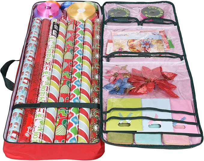 Primode Christmas Wrapping Paper Storage Bag with Pockets | Gift Wrap Organizer Container | 37” x 14” x 4” | Underbed Durable Box Made of 600D Oxford Material (Red)