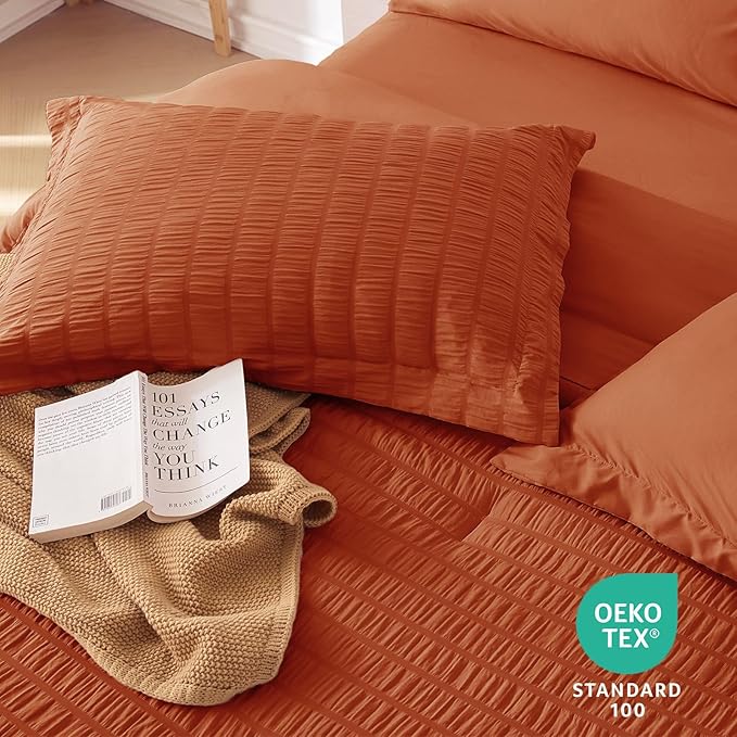 MUXHOMO 5 Pieces Twin XL Comforter Set, Seersucker Bed in a Bag Twin XL Size, All Season Luxury Bedding Set with Comforter, Flat Sheet, Fitted Sheet, Pillowcase & Sham, Burnt Orange