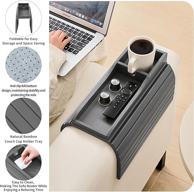 Bamboo Couch Cup Holder Arm Tray Table，Couch Drink Holder，Sofa Cup Holder Armrest Tray，Anti-Slip Foldable Arm Chair Table Tray Recliners for Drink,Cups, Snacks, Phone, Remote (Gray)