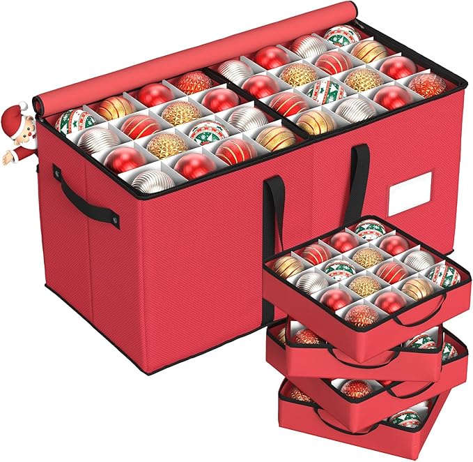 Winpull Christmas Ornament Storage Box with 8 Trays, Christmas Storage Container for 128-3'' Holiday Ornament Decorations, Large Xmas Organizer with Adjustable Dividers, Dual Zipper and Pocket - Red
