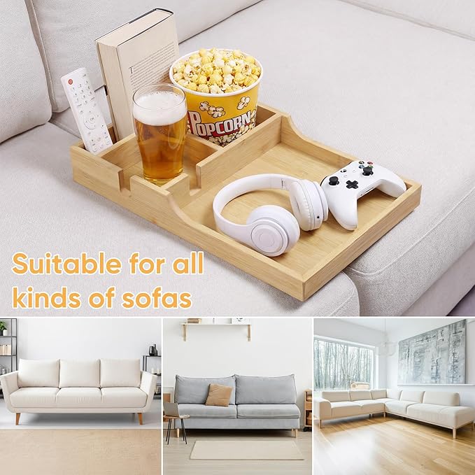 Couch Insert Tray,Bamboo Couch Tray Between Couch Cushions with 4 Compartments2 Cups Holder,Fit Armless Couch/Sectional, 2-in-1 Fold-Flat Tray,for Snacks, Drinks, Remotes,15.35x9.84-inch (Bamboo)