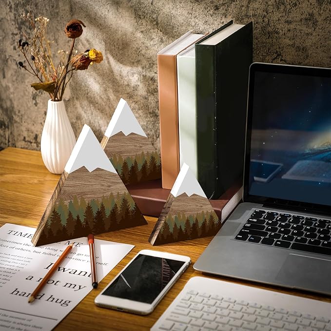 Maitys 3 Pcs 3 Size Mountain Shelf Decor Mountain Wooden Sign Farmhouse Wood Forest Sign Woodland Nursery Decor Travel Adventure Table Centerpiece for Home Farmhouse (Brownish)